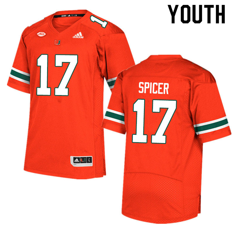 Adidas Miami Hurricanes Youth #17 Jack Spicer College Football Jerseys Sale-Orange - Click Image to Close